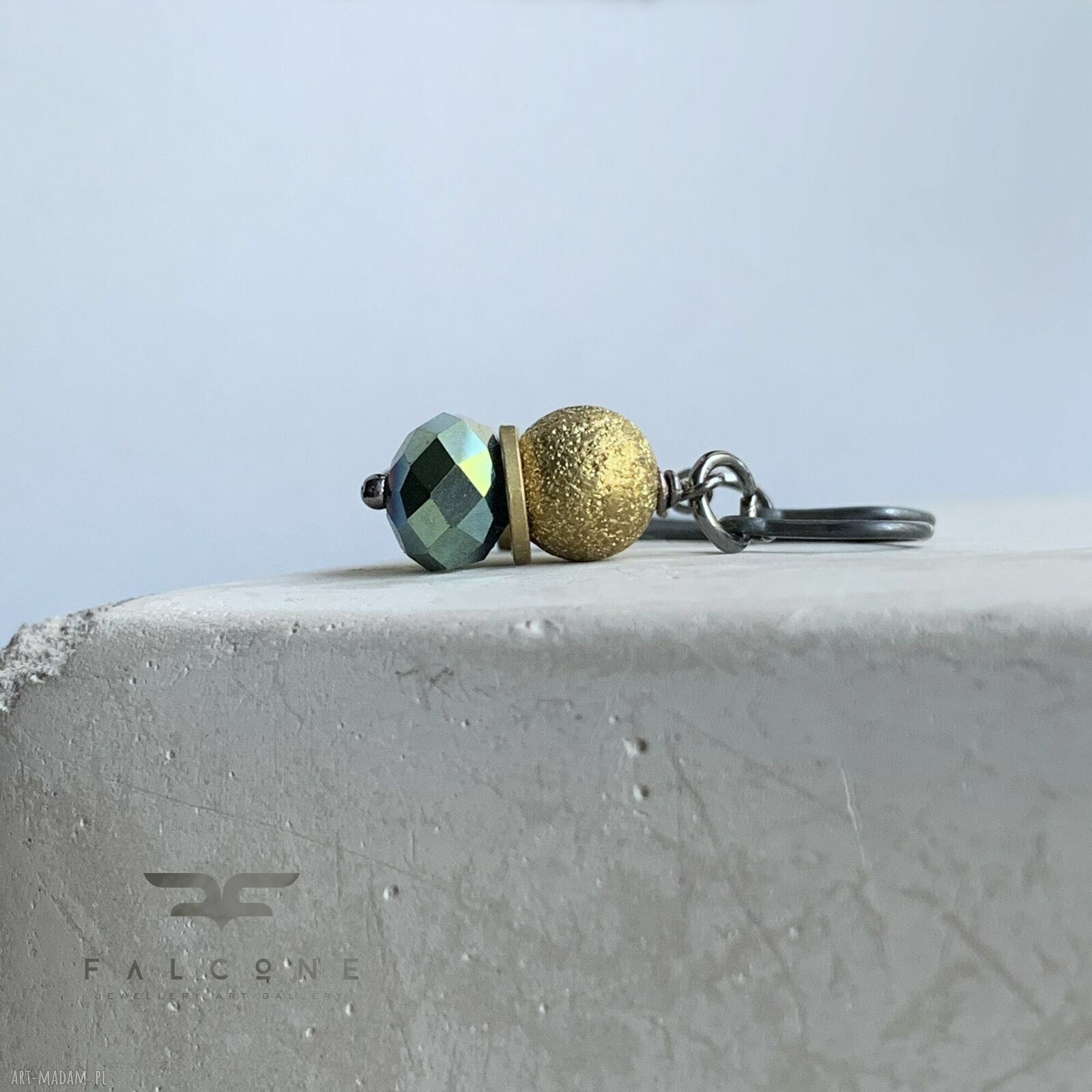 Kolczyki Golden Shadow & Khaki Green - handmade ze srebra 925, mosiądzu i szkła