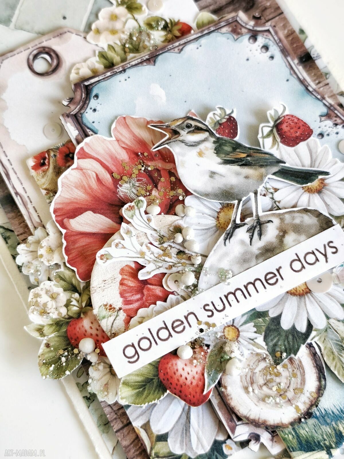 Kartka Golden Summer Days - ręcznie robiona z koronką i kwiatami
