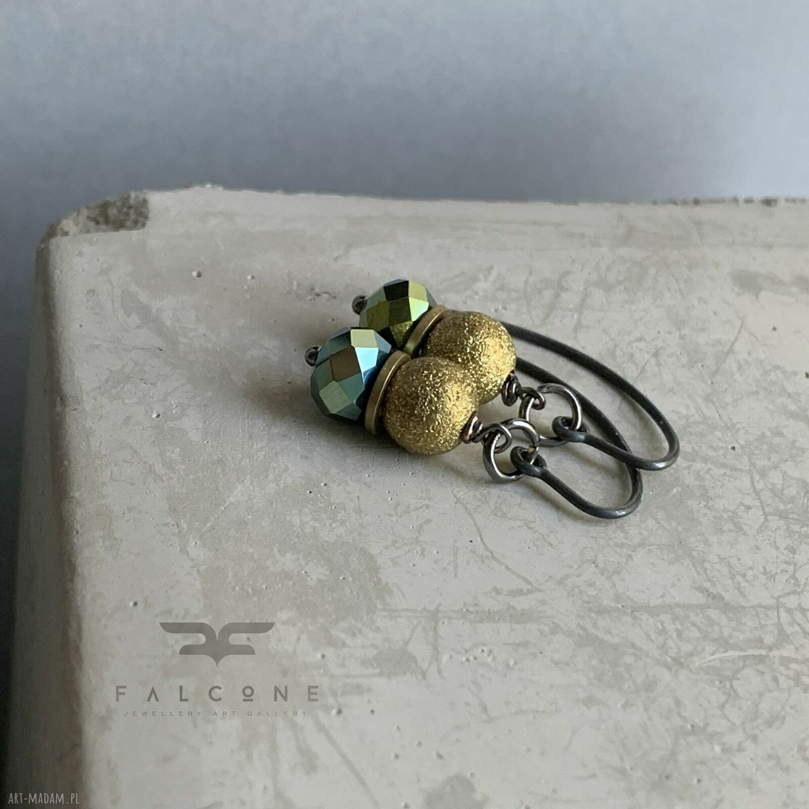 Kolczyki Golden Shadow & Khaki Green - handmade ze srebra 925, mosiądzu i szkła