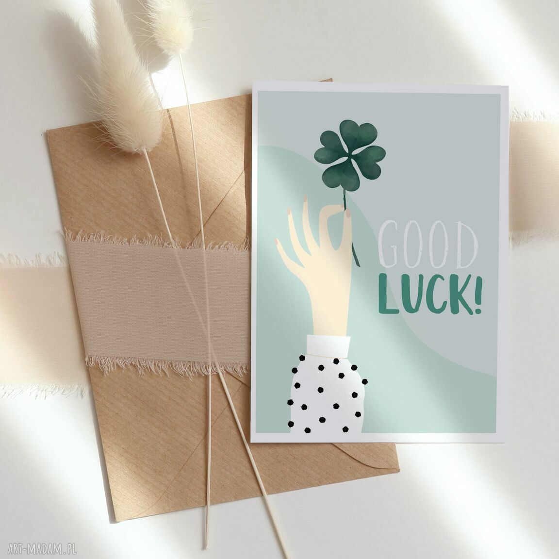 Good Luck Powodzenia - kartka A6 z koniczynką