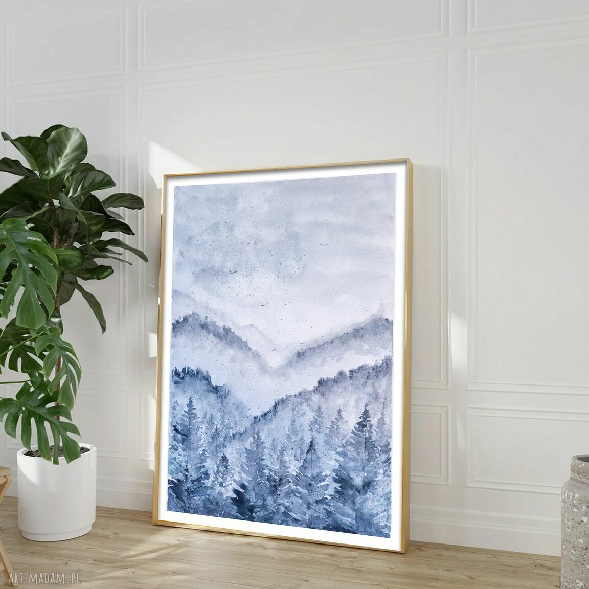 Plakat akwarelowy Góry 50x70 cm - turkusowy pejzaż w matowym wykończeniu