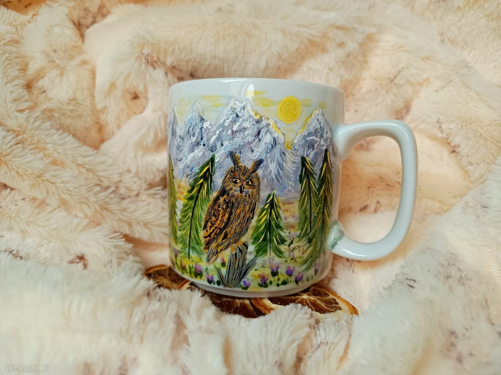 Kubek z gór i sową - rękodzieło 270 ml z porcelany