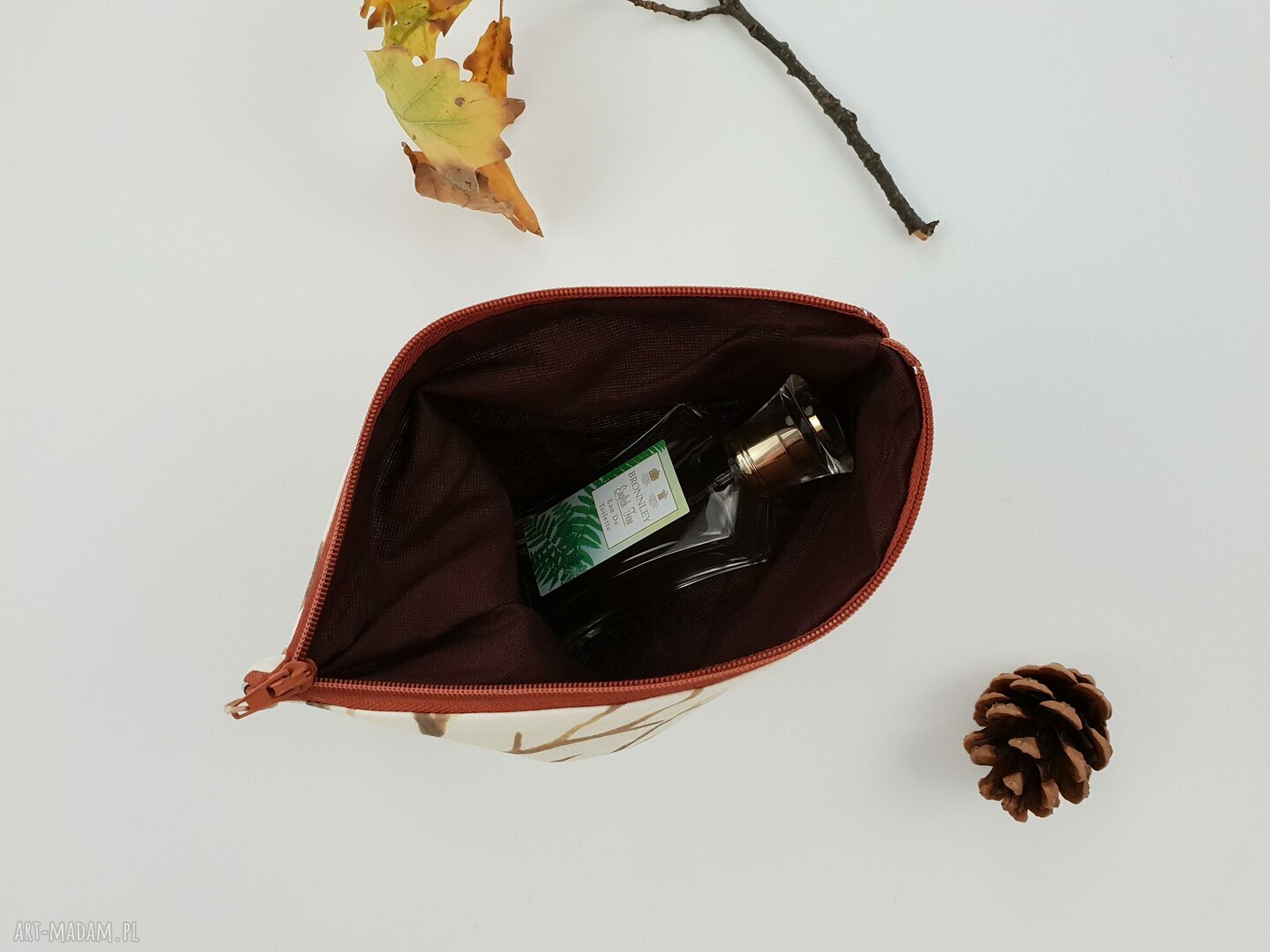 Handmade kosmetyczka leśny półksiężyc, zapinana na zamek