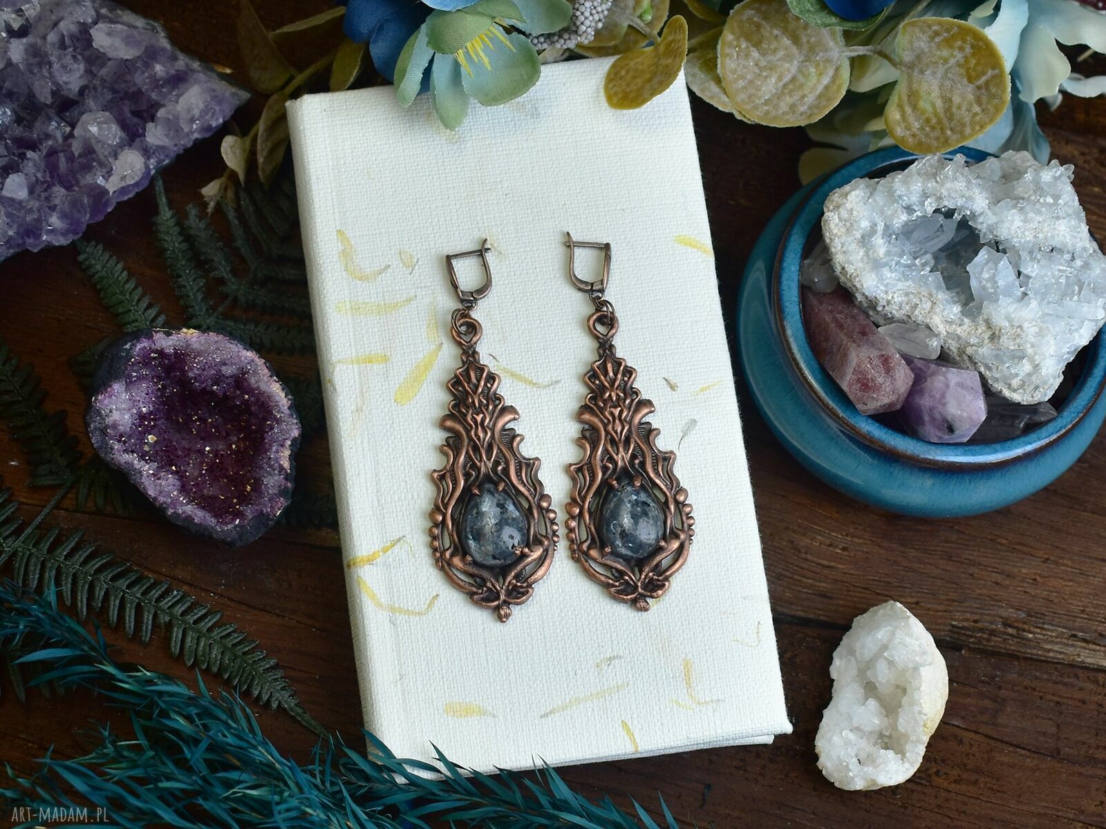 kolczyki: Wiktoriańskie miedziane wiszące kolczyki z kamieniem / larvikit #1 handmade