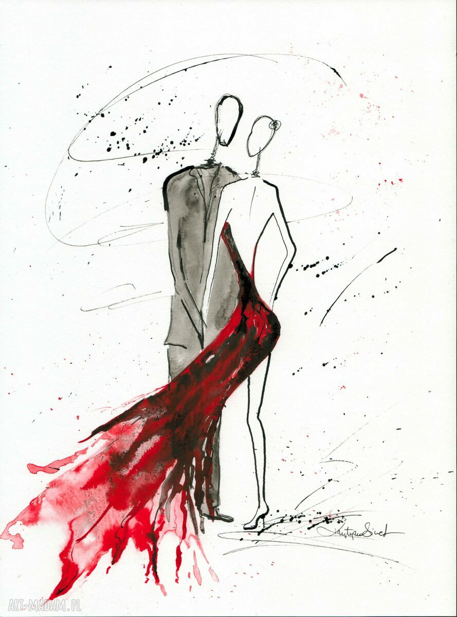 Grafika 30x40 Tango ręcznie malowana w tuszu na papierze akwarelowym