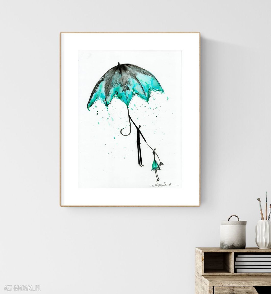 Grafika 30x40 cm ręcznie wykonana - turkusowa abstrakcja Rain