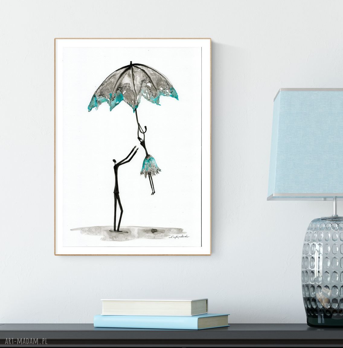Grafika 30x40 cm ręcznie wykonana - turkusowy minimalizm Rain