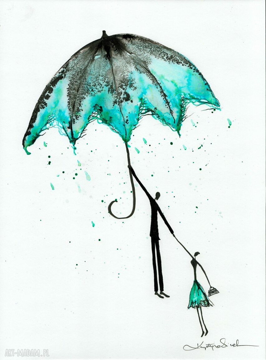 Grafika 30x40 cm wykonana ręcznie - turkusowa abstrakcja z cyklu Rain (bez oprawy)