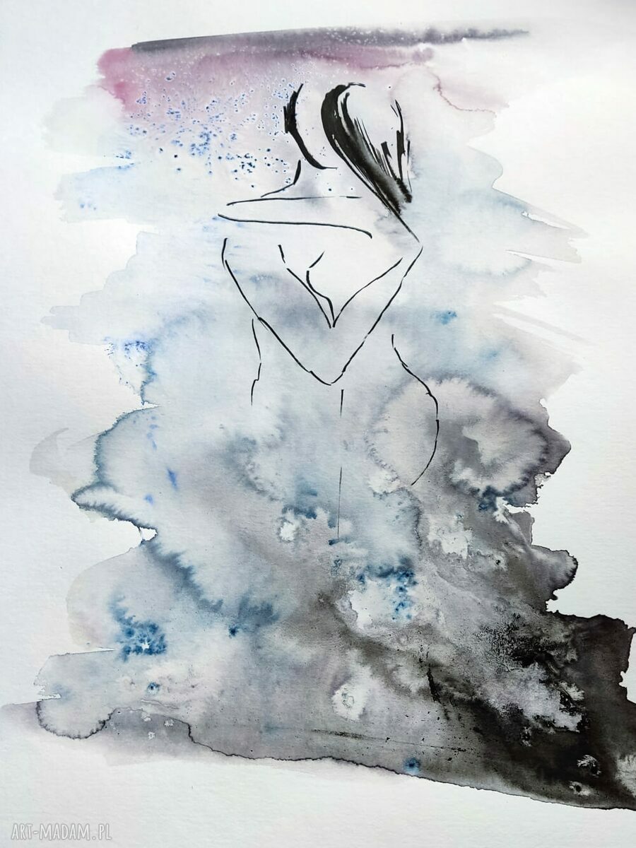 Grafika 40x50 cm malowana ręcznie tuszem - abstrakcja do salonu