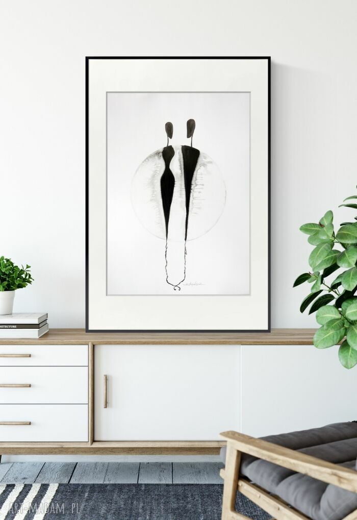 Grafika abstrakcyjna 50x70 cm malowana ręcznie tuszem - elegancki minimalizm