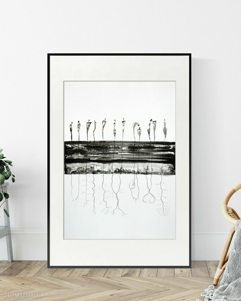 Grafika 50x70 cm ręcznie malowana tuszem - minimalizm i abstrakcja