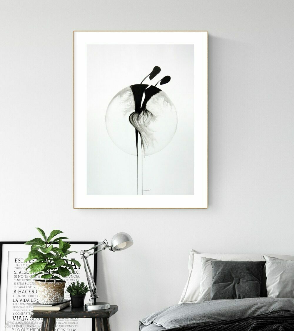 Grafika skandynawska 50x70 cm ręcznie malowana tuszem, czarno-biała abstrakcja