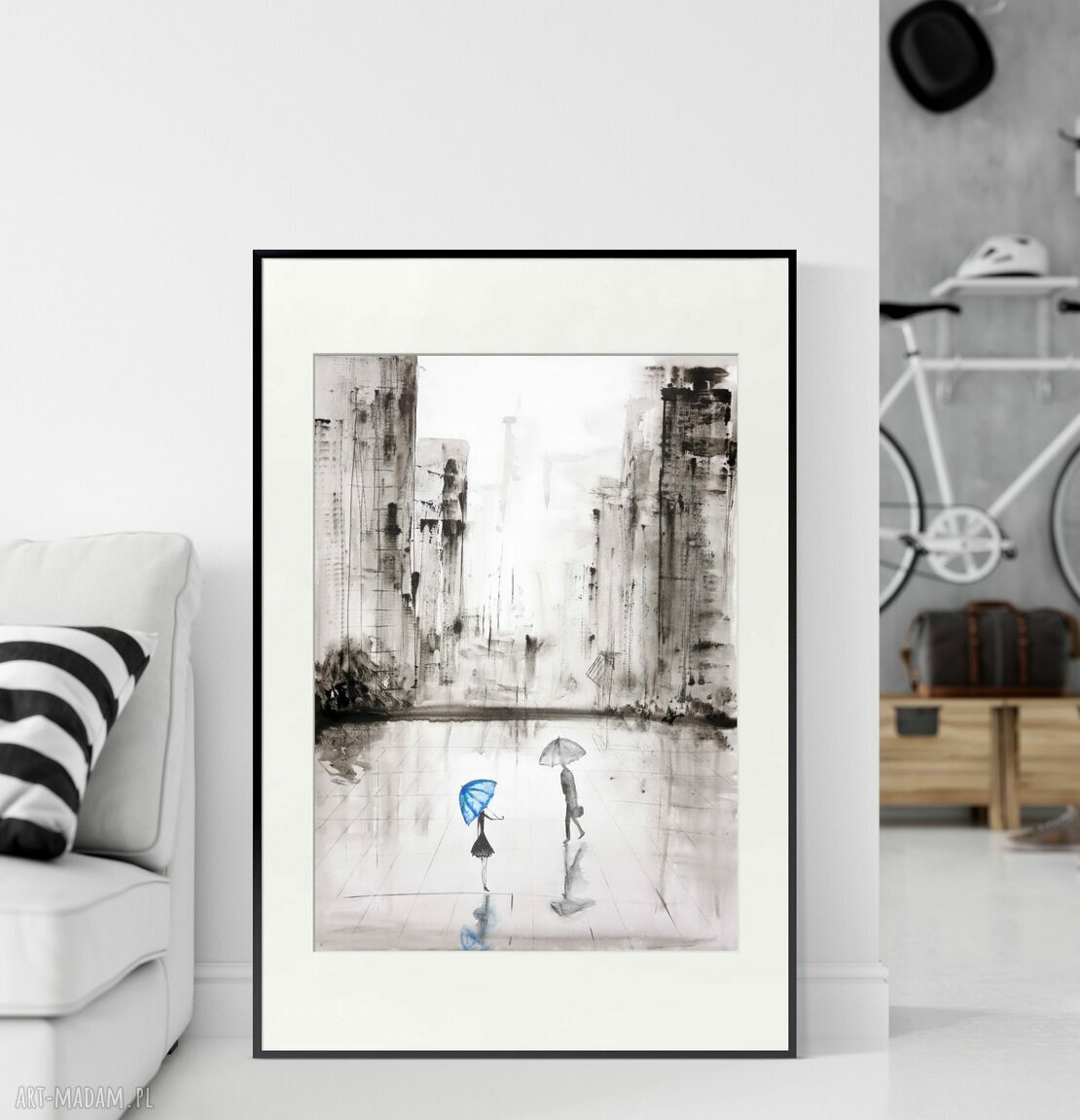 Deszczowa ulica - grafika 50x70 cm, ręcznie malowana tuszem