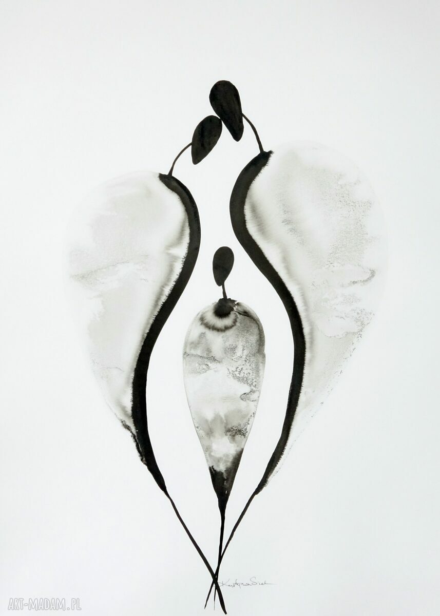 Czarno-biała abstrakcja ręcznie malowana tuszem 50x70 cm