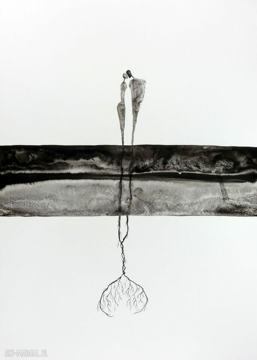 Ręcznie malowana grafika 50x70 cm w czarno-białej abstrakcji