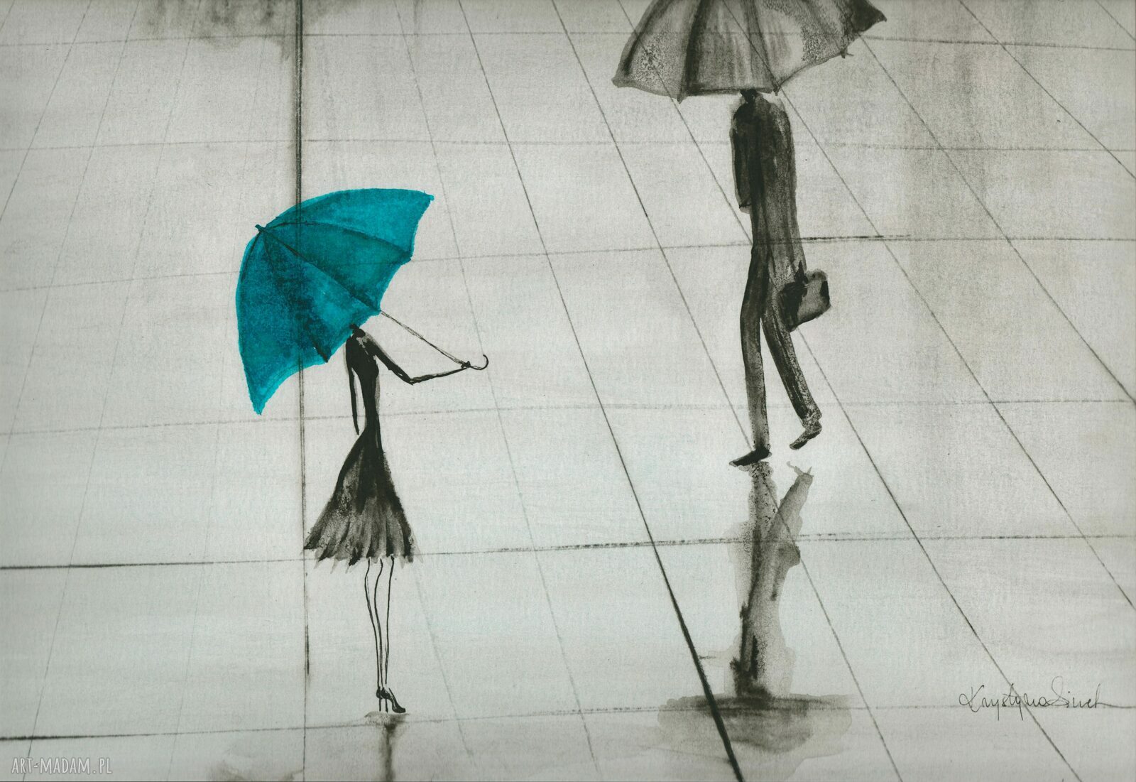 Grafika 70 x 100 cm Rain ręcznie malowana czarno biała abstrakcja