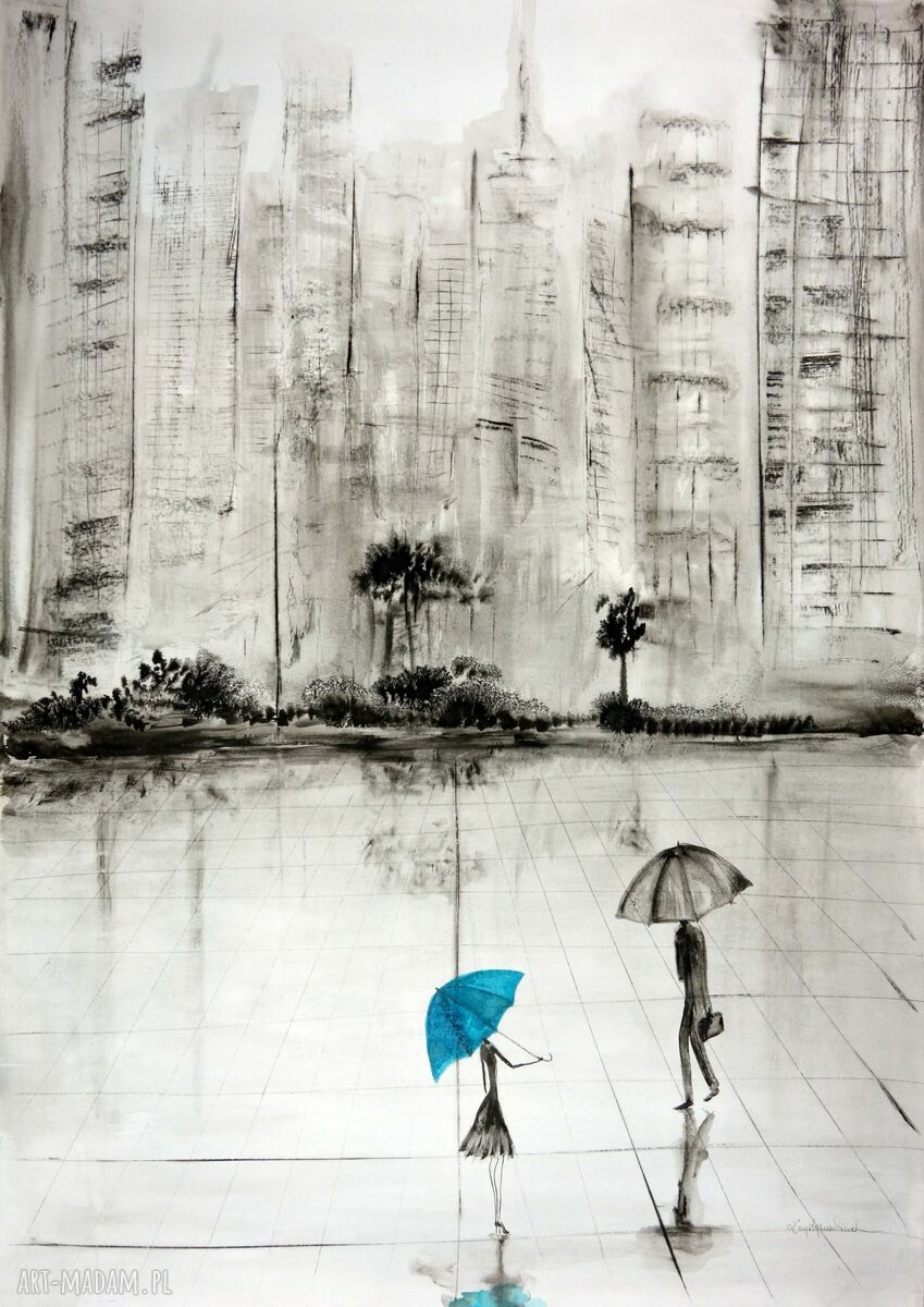 Grafika 70 x 100 cm Rain ręcznie malowana czarno biała abstrakcja