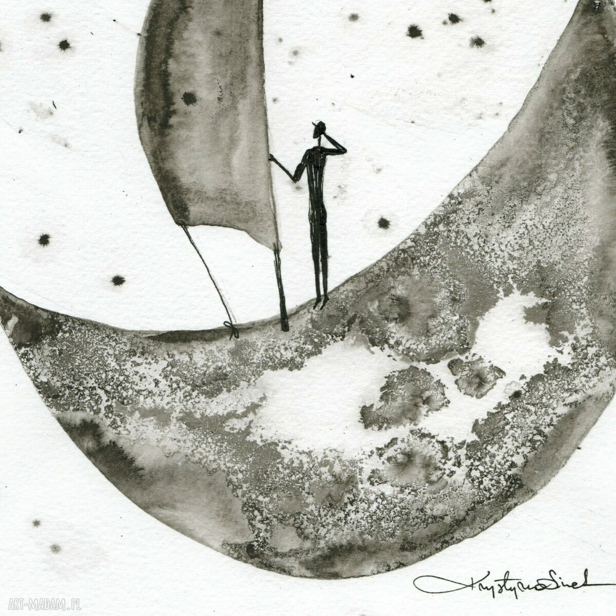 Grafika A4 malowana ręcznie minimalizm czarno biała abstrakcja Dreams (ink)