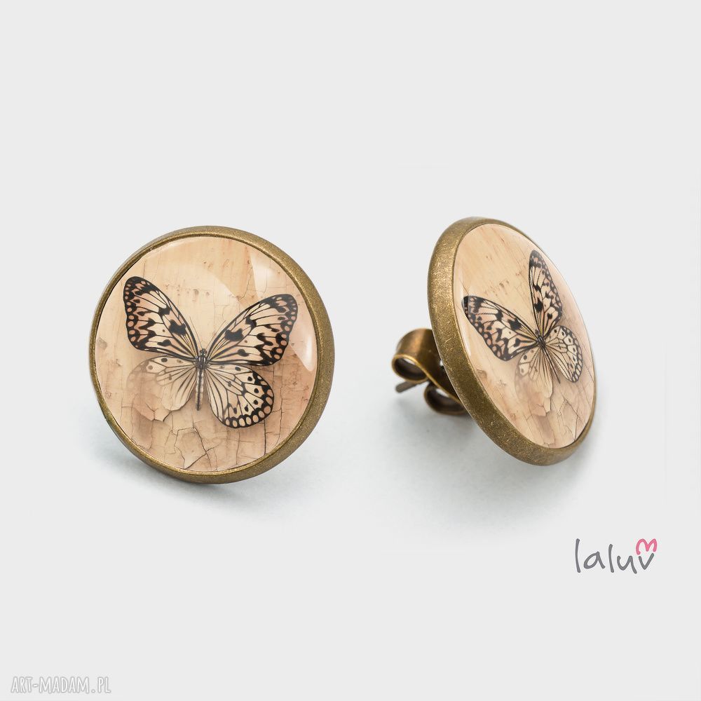 Kolczyki sztyfty Butterfly - motyl w grafice pod szkiełkiem, antyalergiczne antyczne złoto