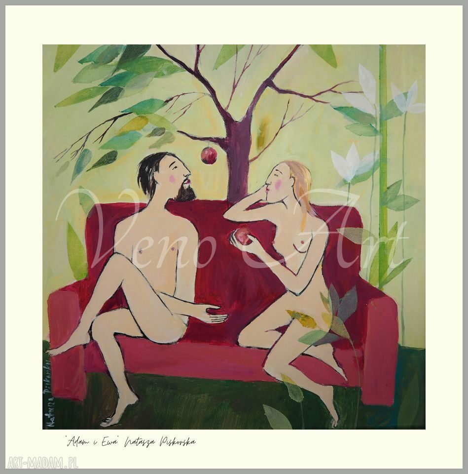 Grafika Natasza Piskorska - Adam i Ewa w srebrnej ramie 39,5x39,5 cm