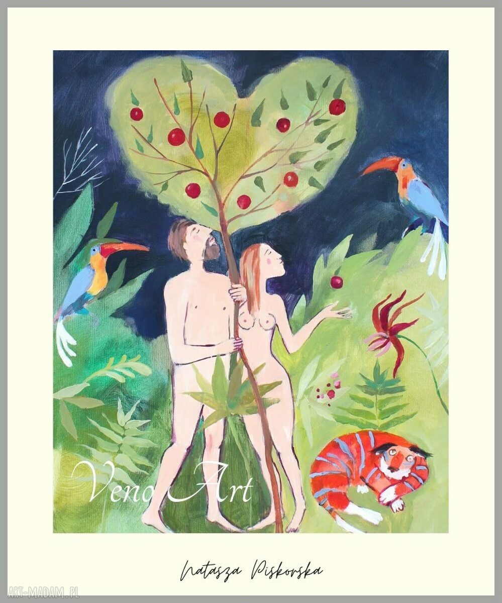 Grafika Adam i Ewa 40x46 cm - Natasza Piskorska w srebrnej ramie