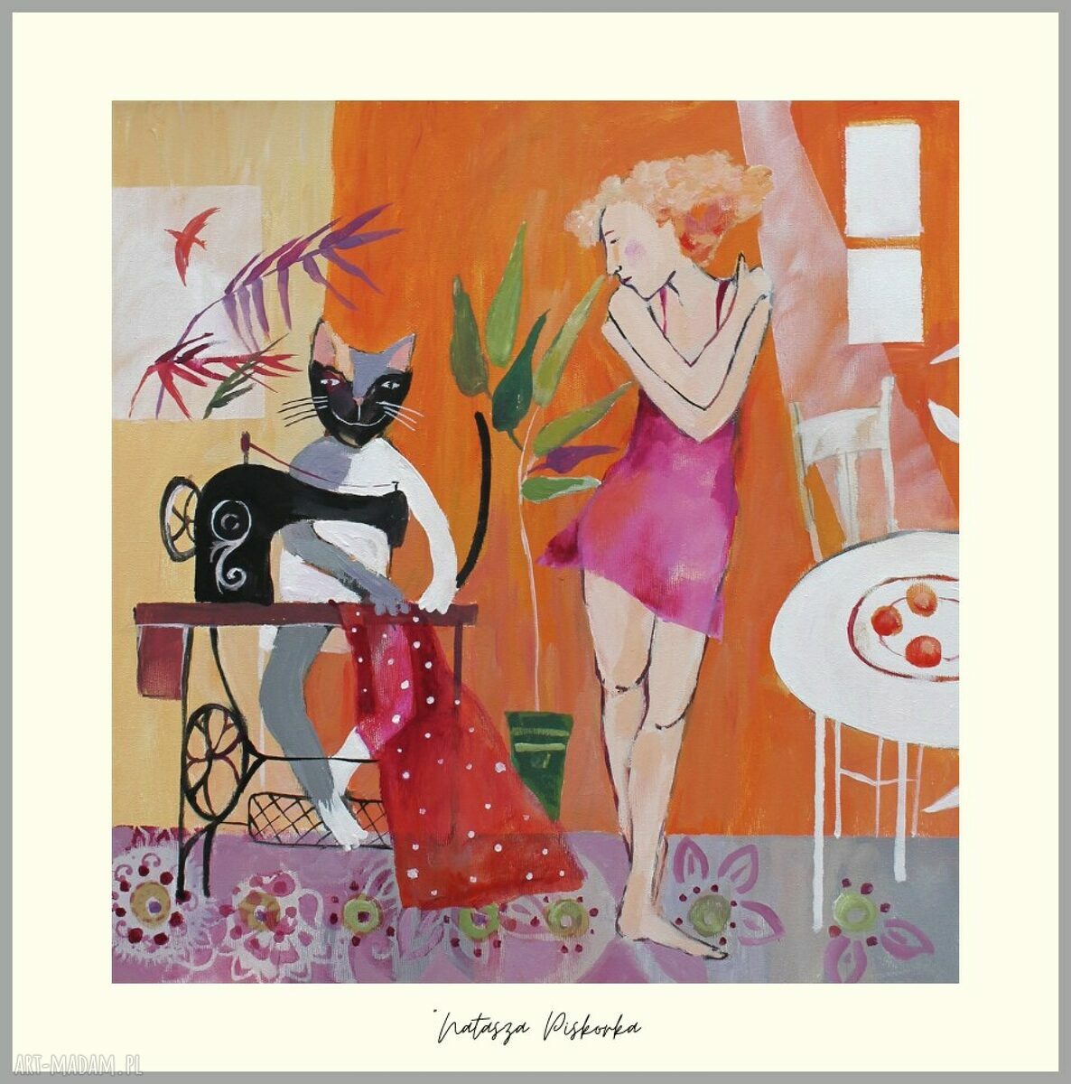 Grafika Nataszy Piskorskiej „Pewien kot miał dziewięć żyć” - 40x40 cm, srebrna rama