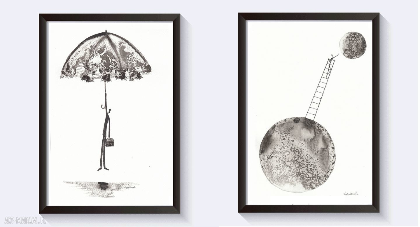 Zestaw 2 grafik Dreams i Rain - czarno-białe rysunki do sypialni 21 x 29,7 cm