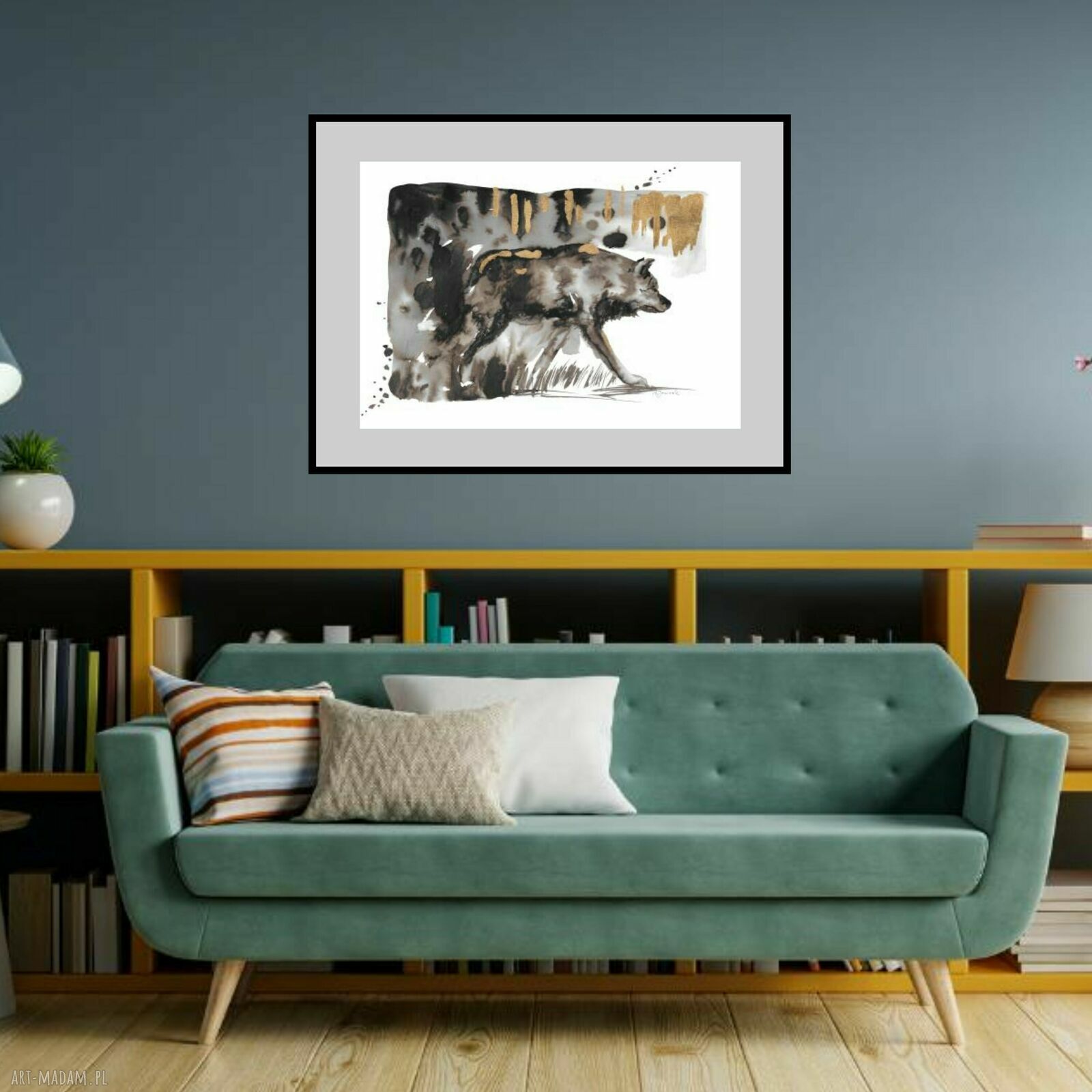 Grafika "Wilk" 50 cm x 70 cm - ręcznie malowana i złocona Ink Art