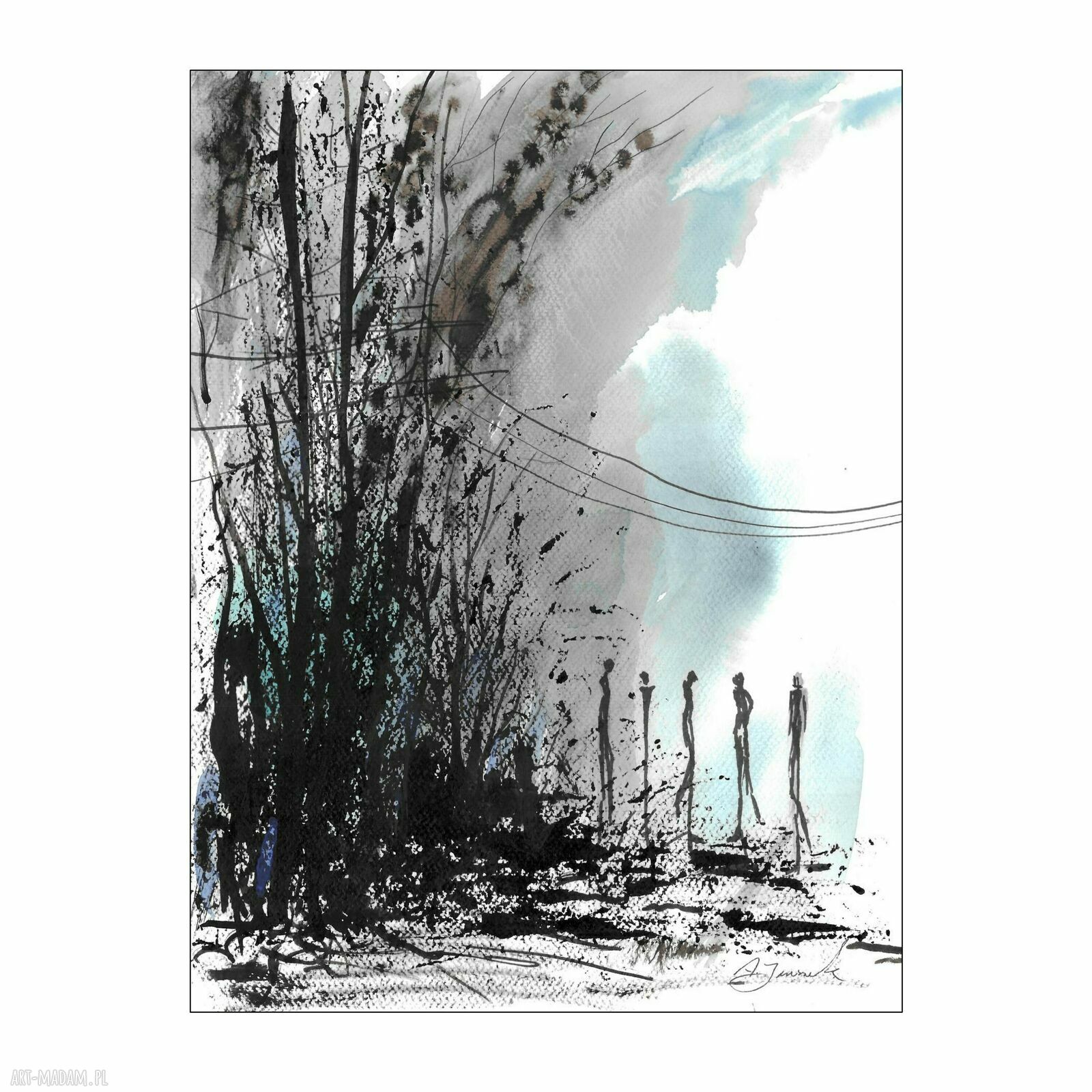 Grafika z cyklu Lazurowe drżenia - błękitne nastroje, akwarela i czarny tusz 30x40 cm