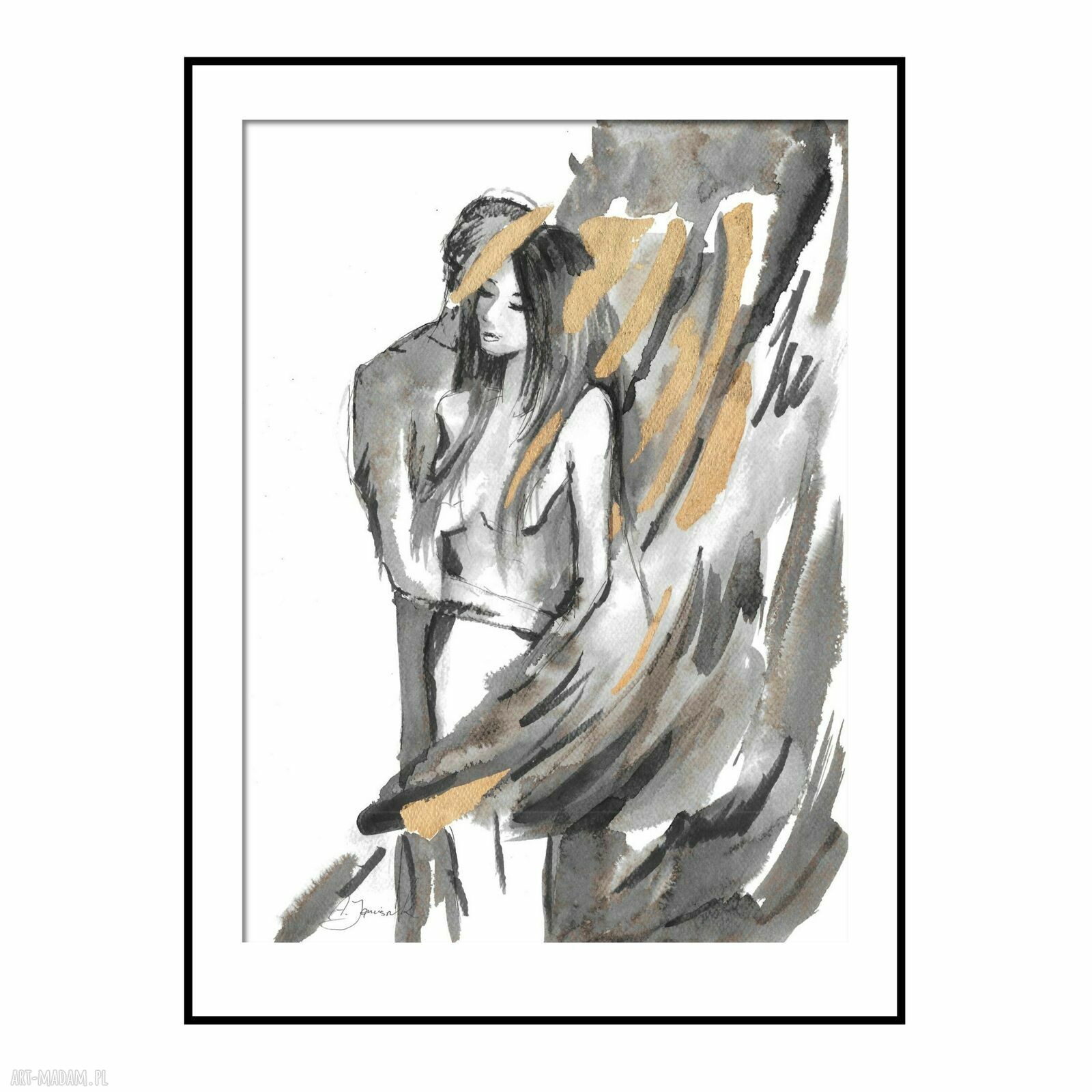 Autorska grafika „Ona i On” malowana czarnym tuszem i złocona 30x40 cm