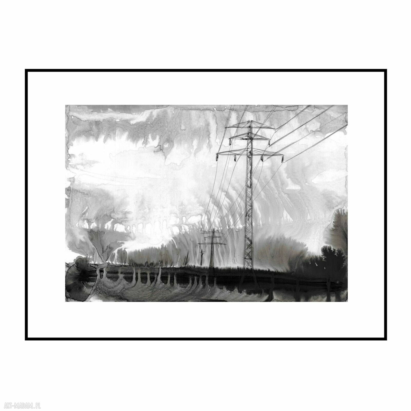 Grafika z cyklu „Pejzaże industrialne” malowana ręcznie 21 x 30 cm