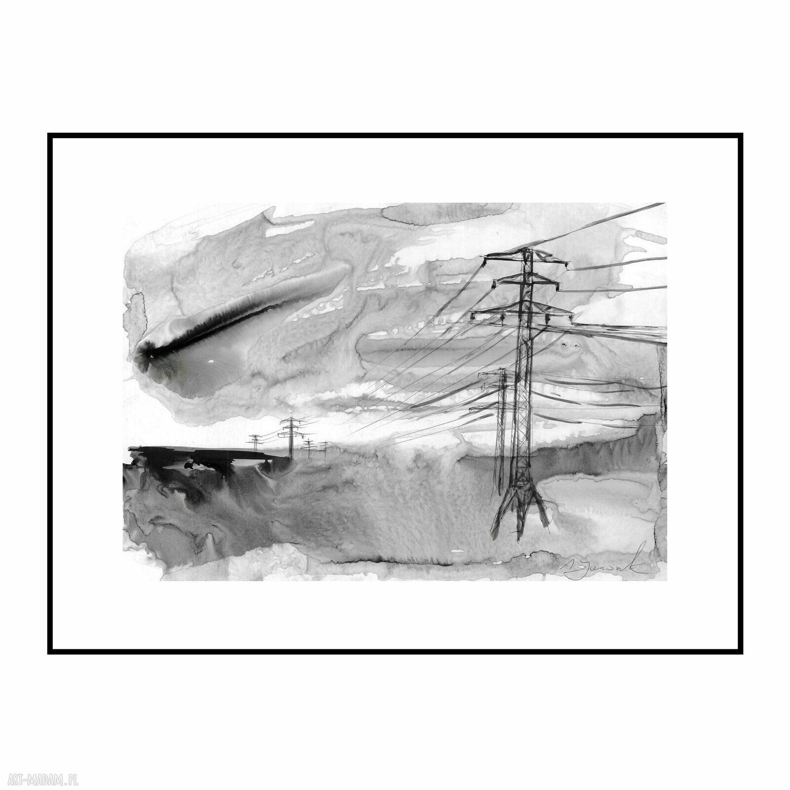 Autorska grafika „Pejzaże industrialne” malowana tuszem - black ink art 30x21 cm