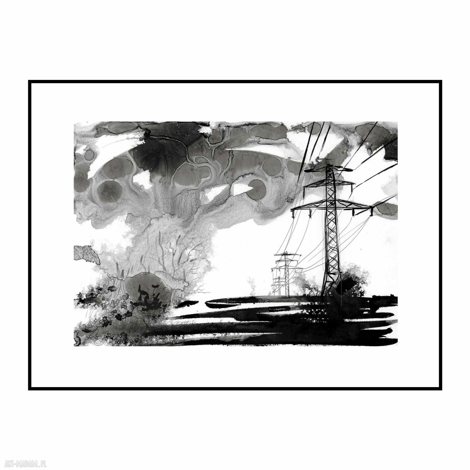 Grafika z cyklu „Pejzaże industrialne” - black ink art, 30x21 cm pojedynczy egzemplarz
