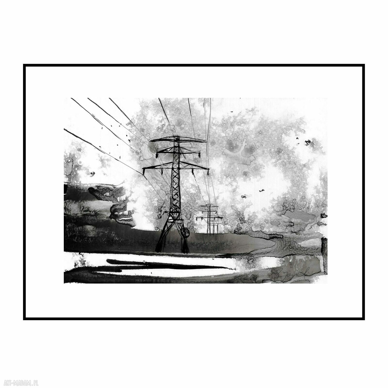 Pejzaże industrialne - grafika black ink art ręcznie malowana 30 x 21 cm