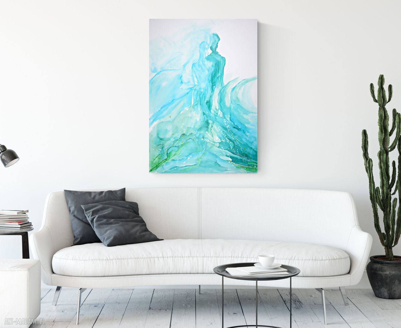 Obraz na płótnie malowany ręcznie tuszem 70x100 cm - abstrakcja turkusowa