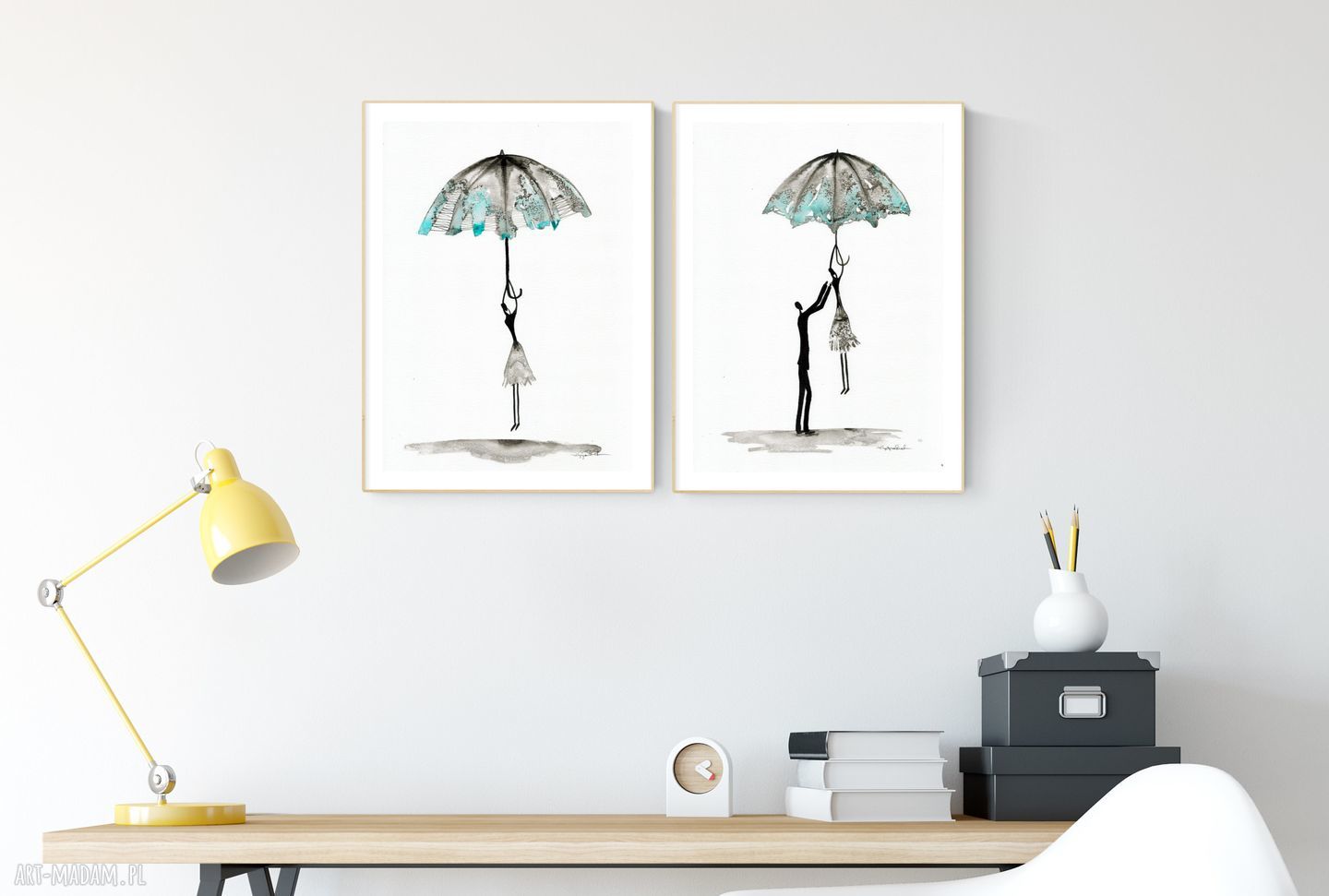 Zestaw 2 grafik A3 z turkusem - abstrakcja „Rain”, ręcznie tuszem (bez ramek)