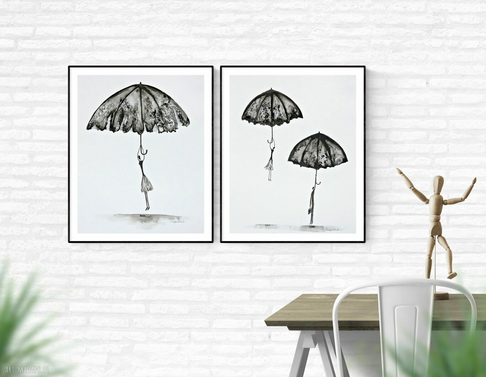 Zestaw 2 obrazów 40x50 cm na szarym papierze z cyklu Rain ręcznie malowane, sygnowane