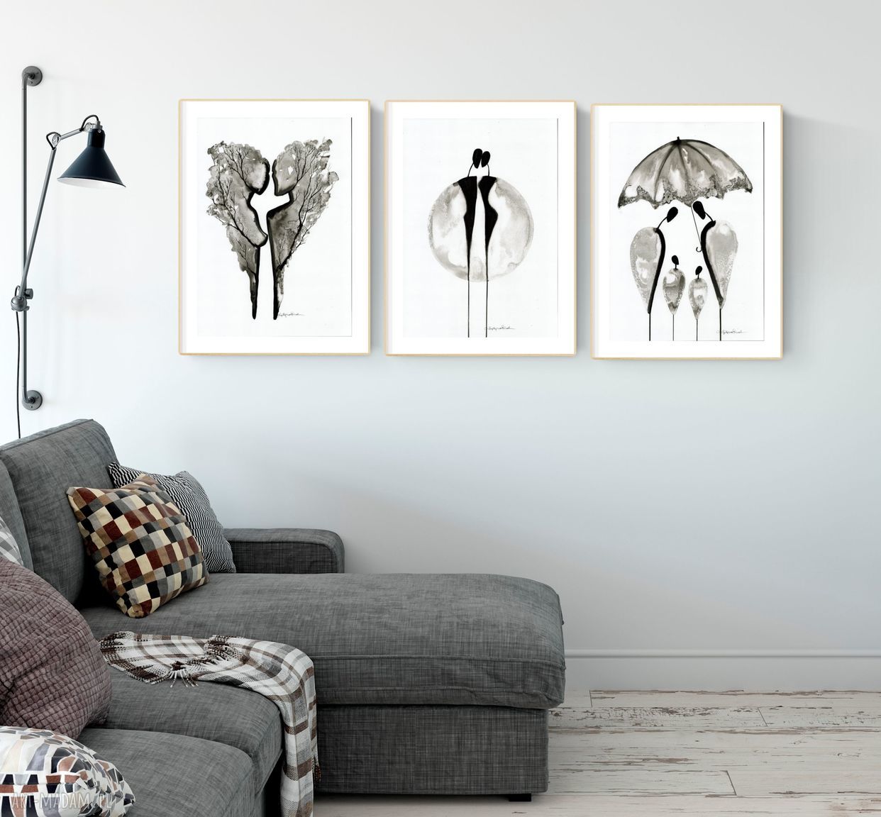 Zestaw 3 nowoczesnych grafik 30x40 cm - abstrakcja w bieli, szarości i czerni
