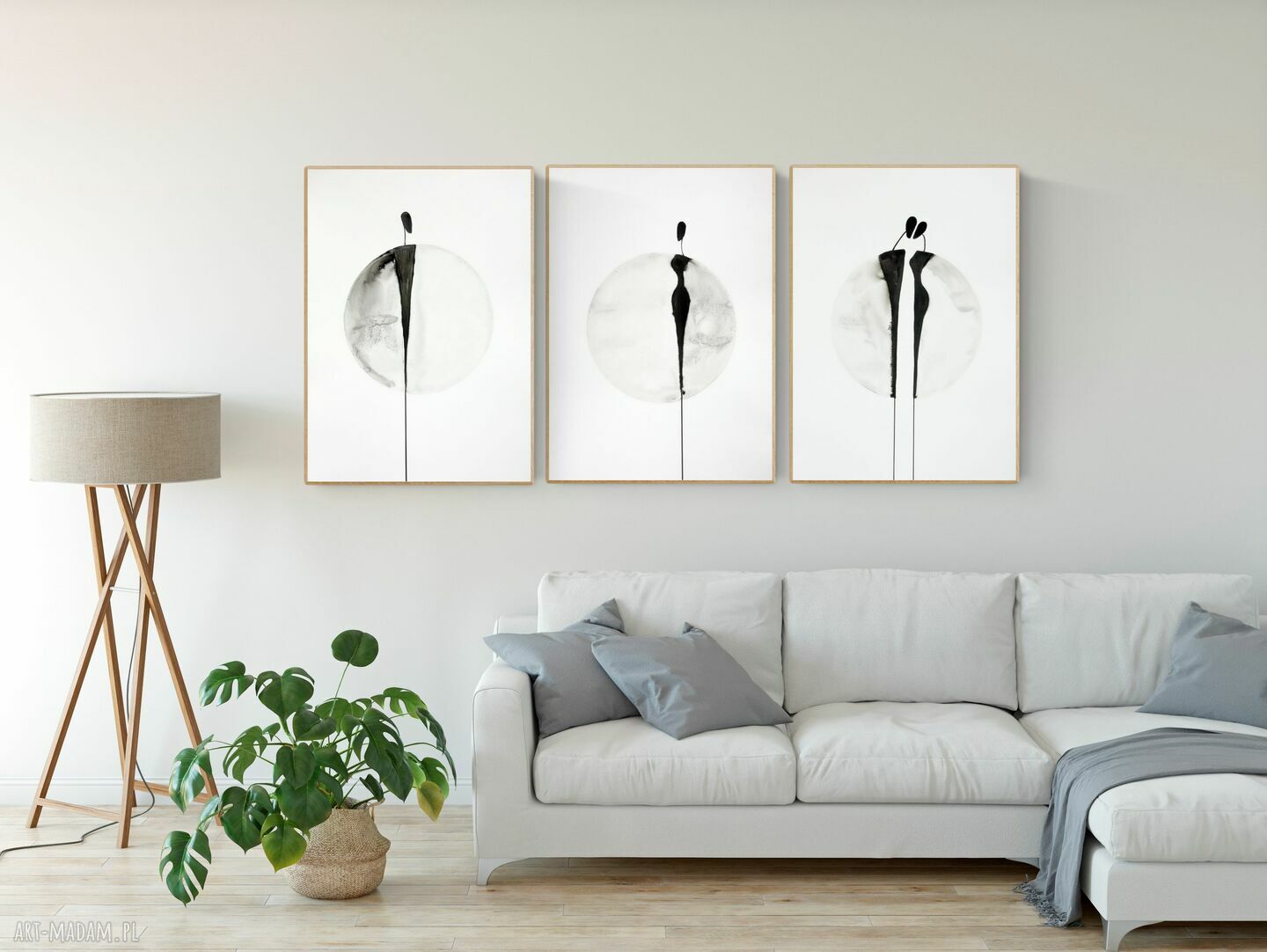 Zestaw 3 obrazów ręcznie malowanych 50 x 70 cm - czarno-biała abstrakcja