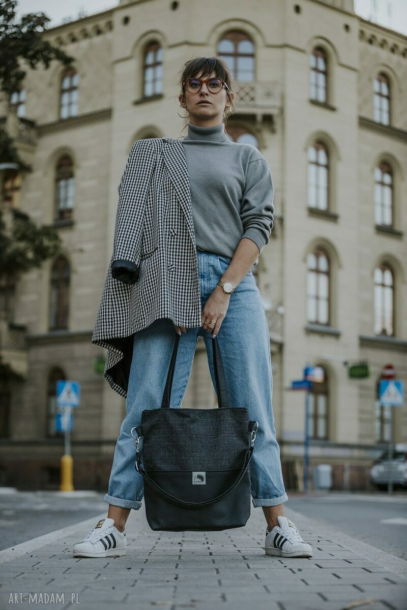 Grafitowa torba z grubo plecionej tkaniny i skóry ekologicznej
