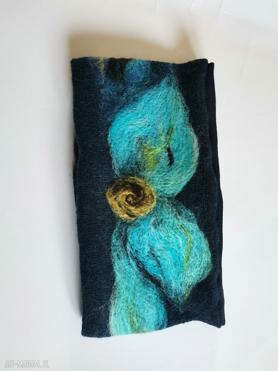 Granatowa chusta i opaska do kompletu - handmade z wełny merynosów
