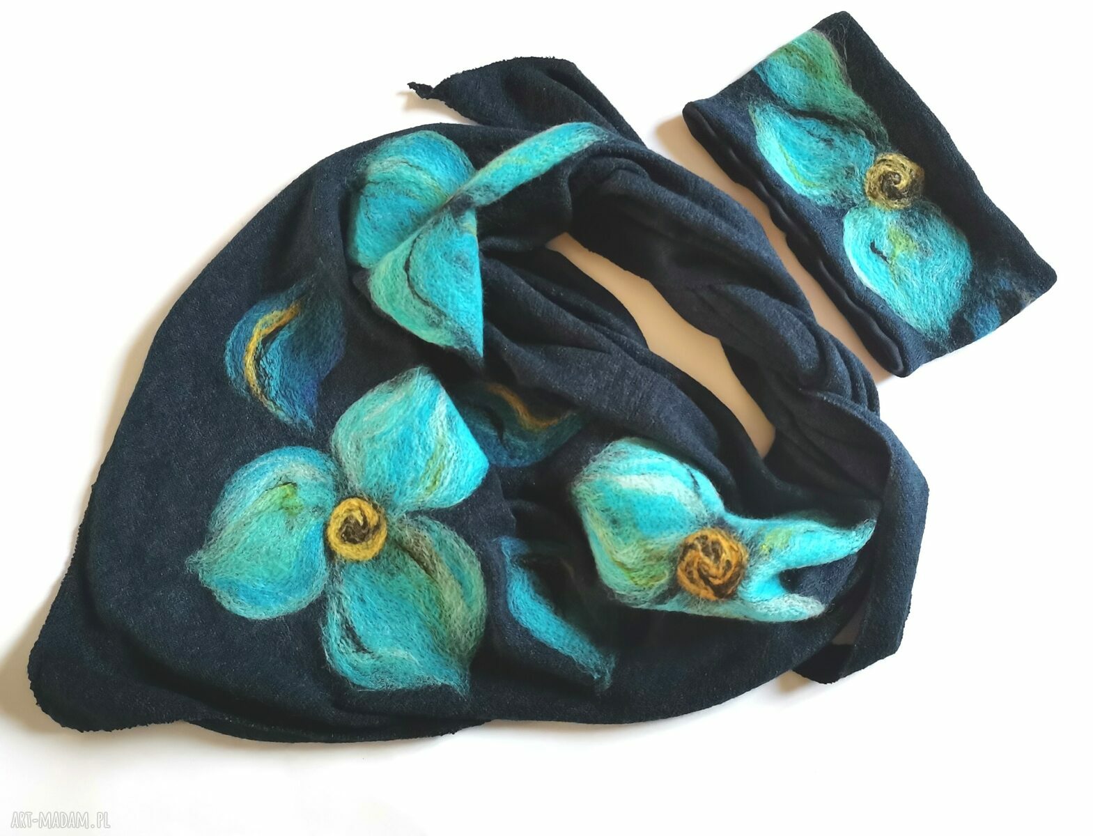 Granatowa chusta i opaska do kompletu - handmade z wełny merynosów