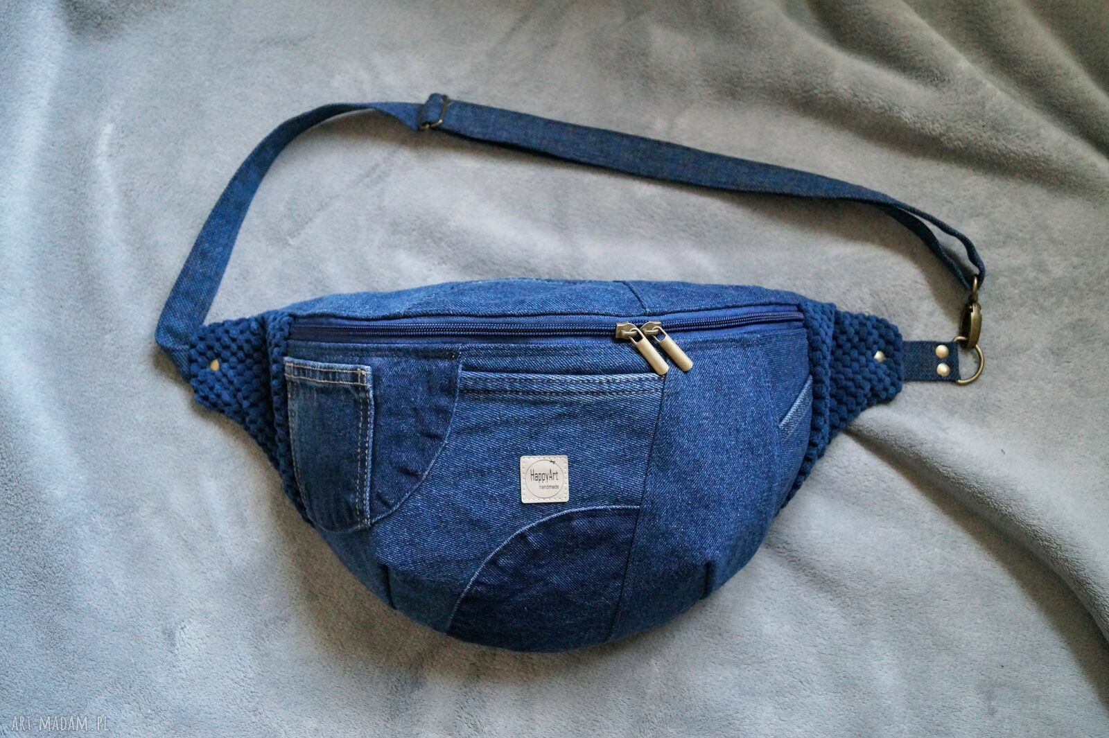 Granatowa nerka XXL z łączonych tkanin - nerkoplecak handmade