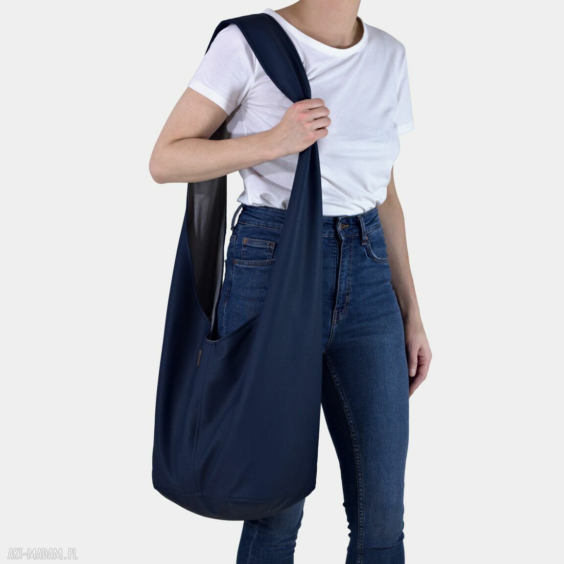 Granatowa torba hobo boho vegan na ramię - duża, zapinana na zamek, handmade