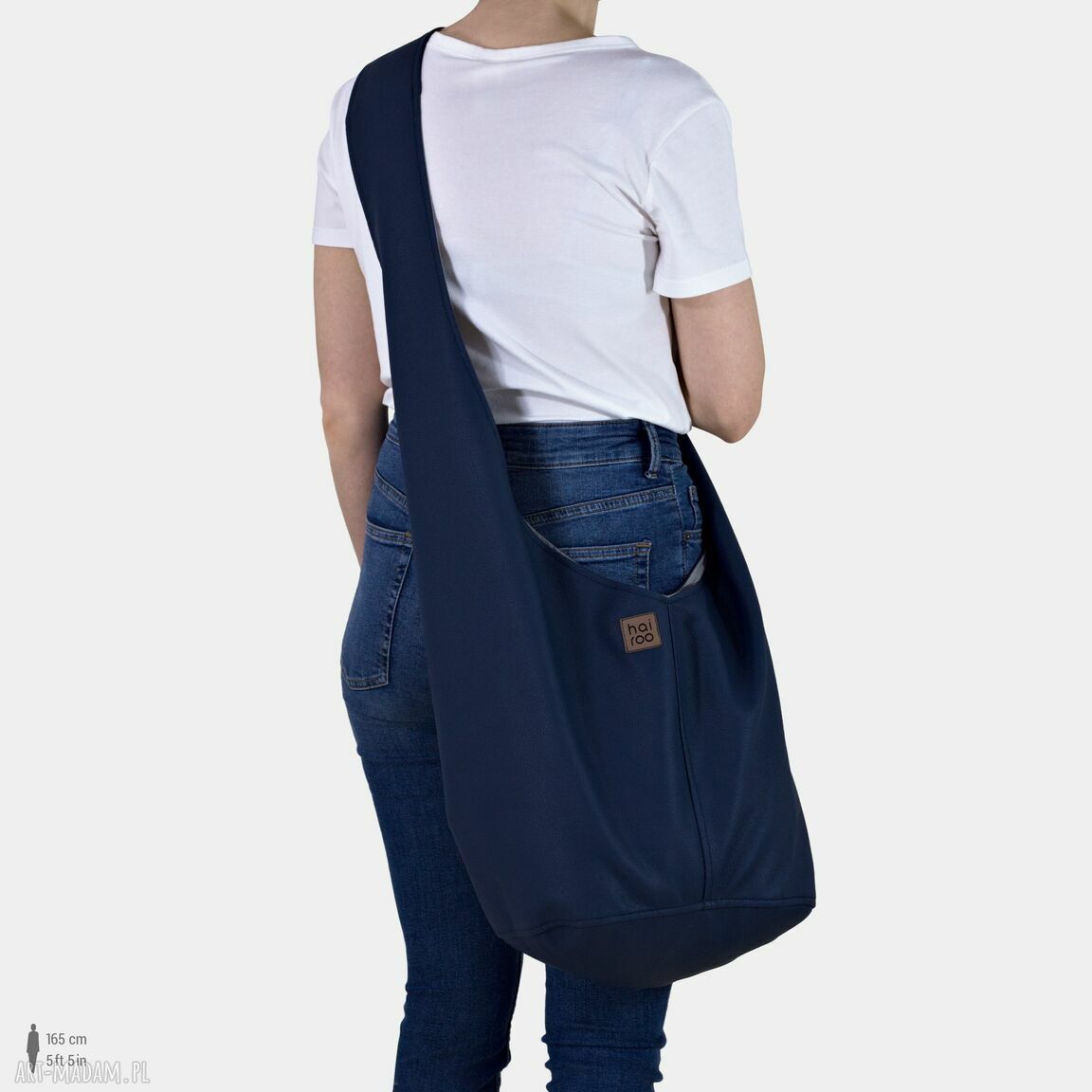 Granatowa torba hobo boho vegan na ramię - duża, zapinana na zamek, handmade