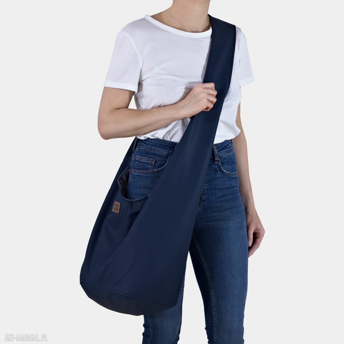 Granatowa torba hobo boho vegan na ramię - duża, zapinana na zamek, handmade
