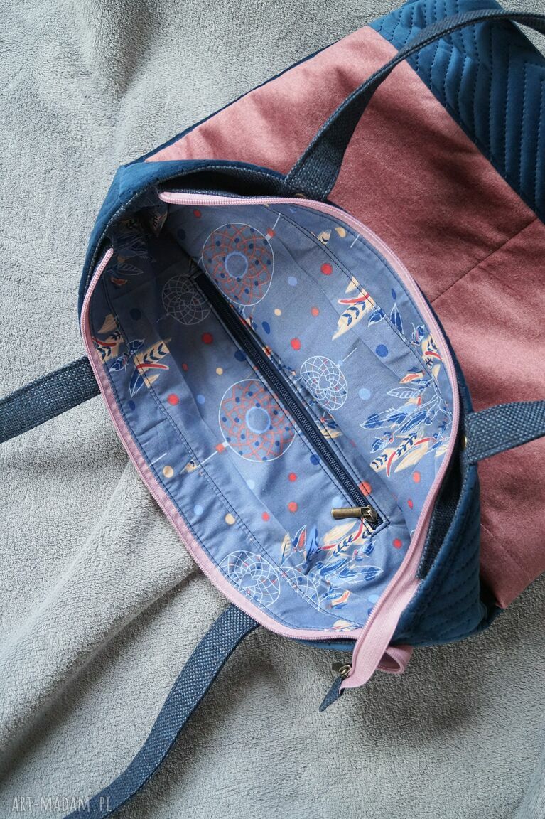 Pojemna welurowa torba na ramię XL w granacie i różu - na co dzień i do pracy
