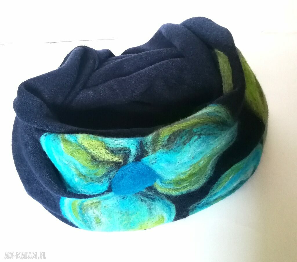 Granatowy filcowany komin z wełny merynosów - tuba owijana dwa razy (handmade)