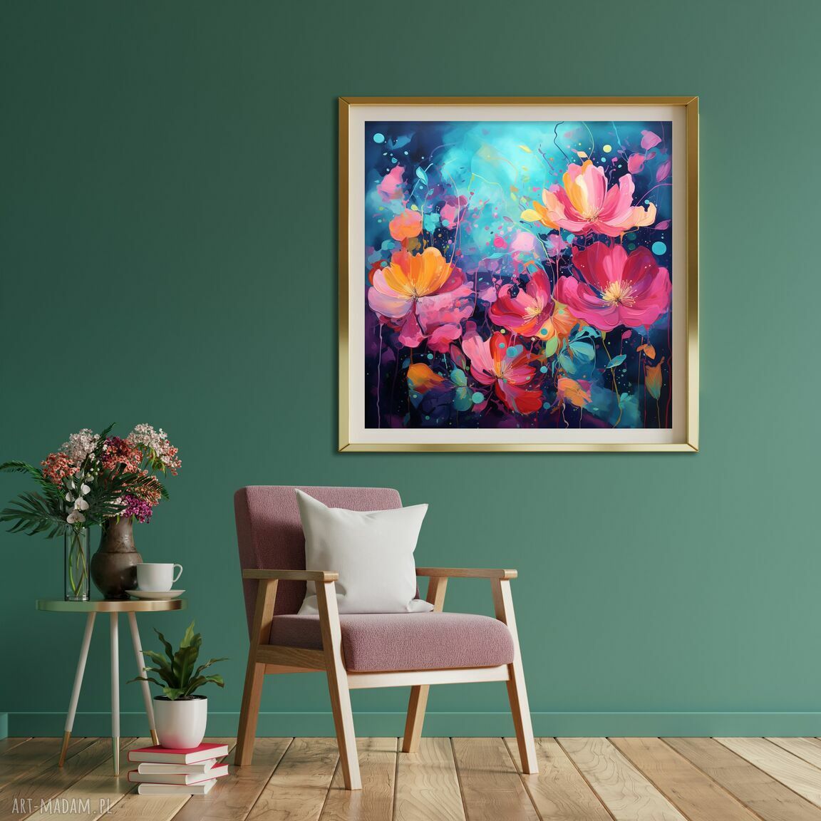 Granatowy obraz z różowymi kwiatami - abstrakcyjny plakat 50x50 cm