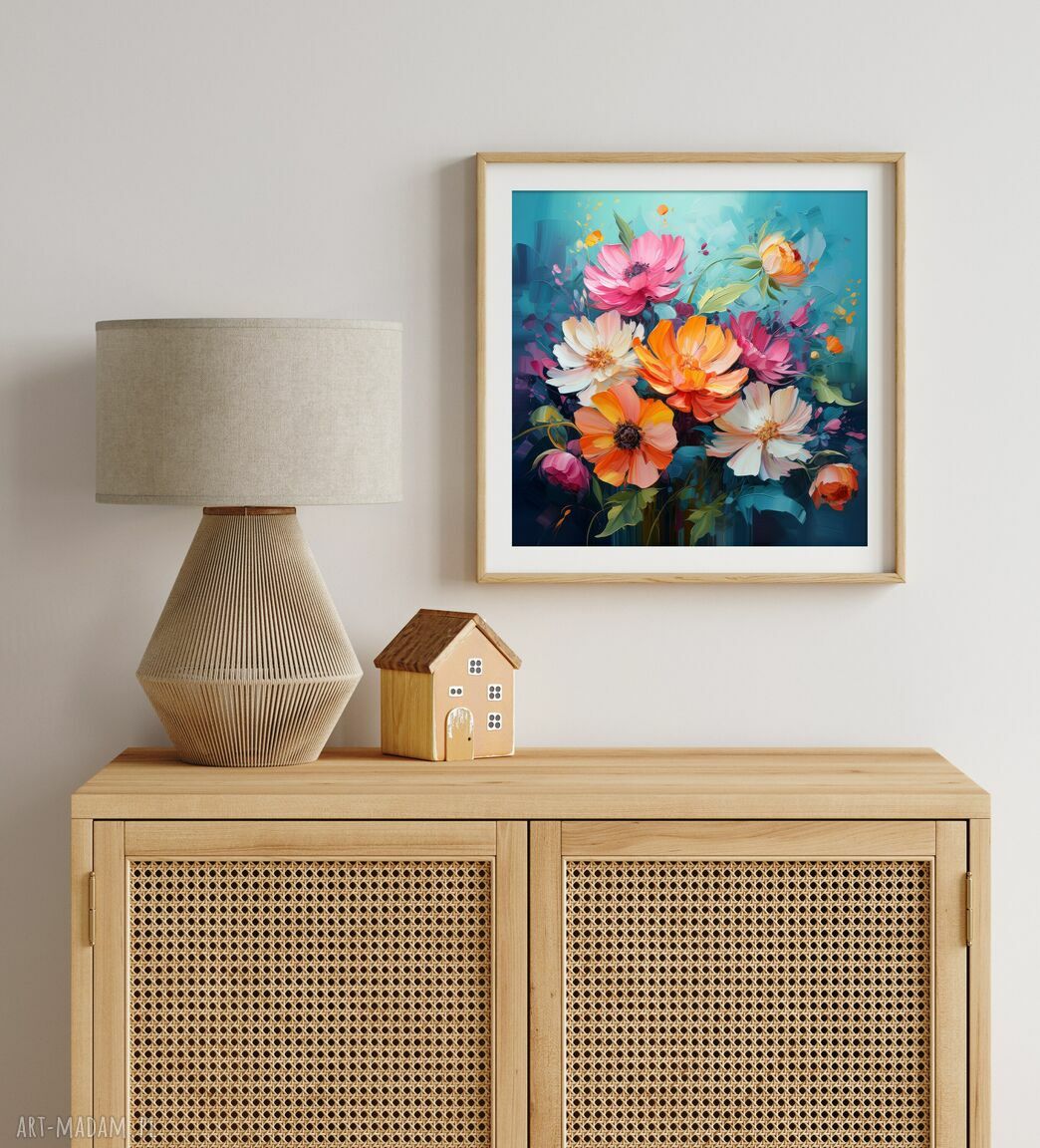 Granatowy obraz z kwiatami 50x50 cm - nowoczesna dekoracja do salonu i biura
